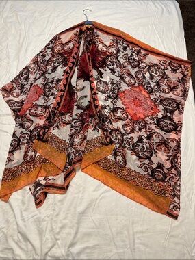 Avenue Coral Orange and Black Paisley kimono.